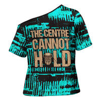 Chinua Achebe Cross Shoulder Shirt with Tribal Mask Design, Things Fall Apart Quote and Teal Abstract - Wonder Print Shop