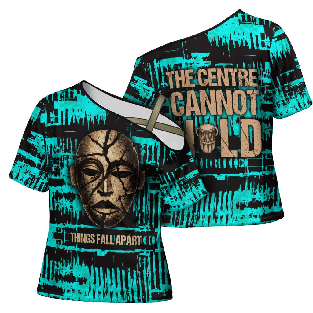 Chinua Achebe Cross Shoulder Shirt with Tribal Mask Design, Things Fall Apart Quote and Teal Abstract - Wonder Print Shop