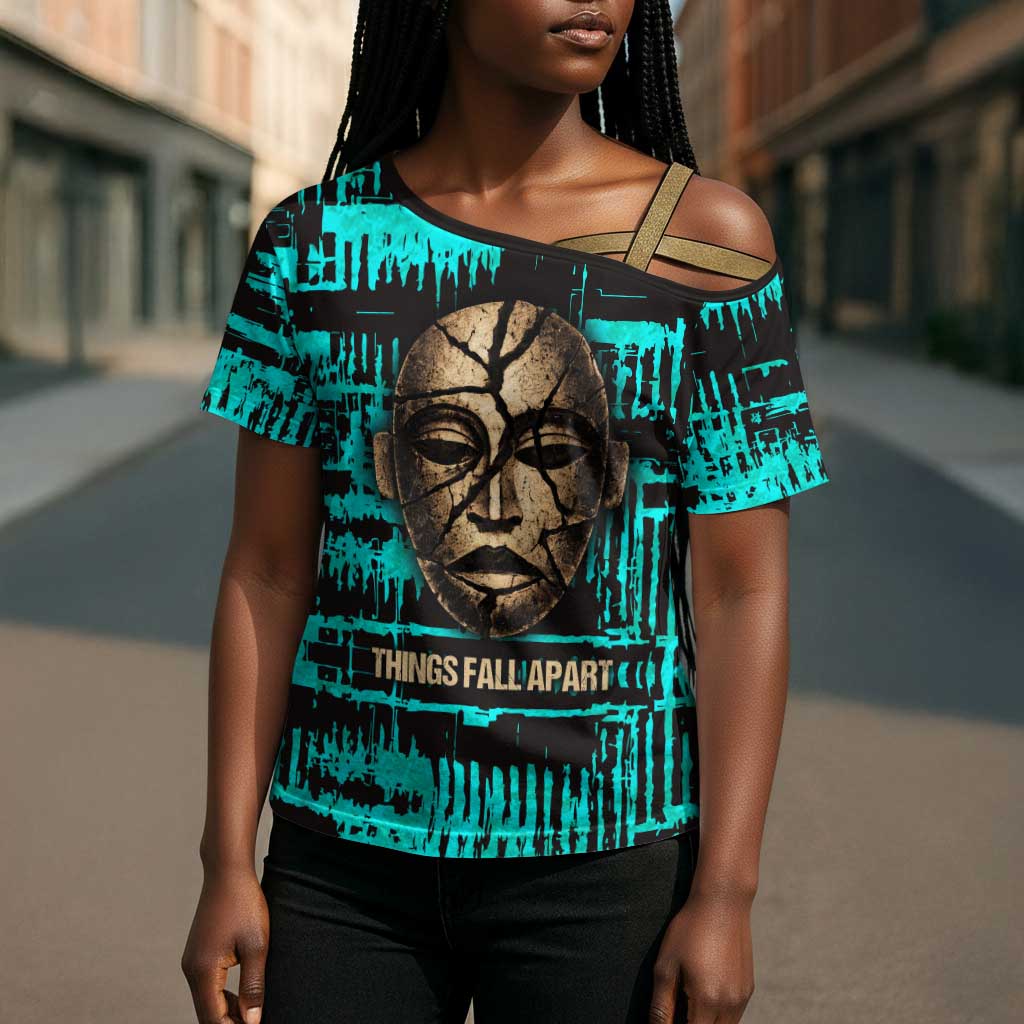 Chinua Achebe Cross Shoulder Shirt with Tribal Mask Design, Things Fall Apart Quote and Teal Abstract - Wonder Print Shop