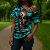 Chinua Achebe Cross Shoulder Shirt with Tribal Mask Design, Things Fall Apart Quote and Teal Abstract - Wonder Print Shop