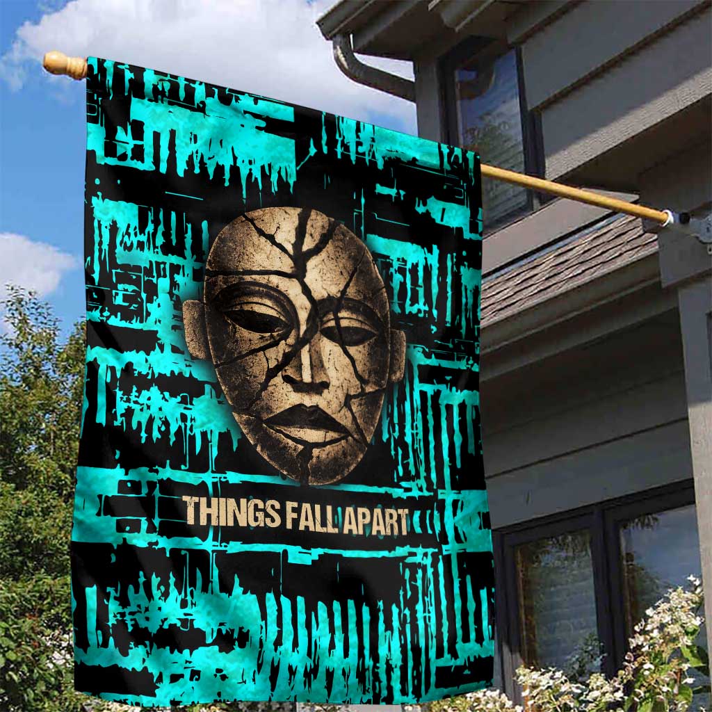 Chinua Achebe Garden Flag with Tribal Mask Design, Things Fall Apart Quote and Teal Abstract - Wonder Print Shop