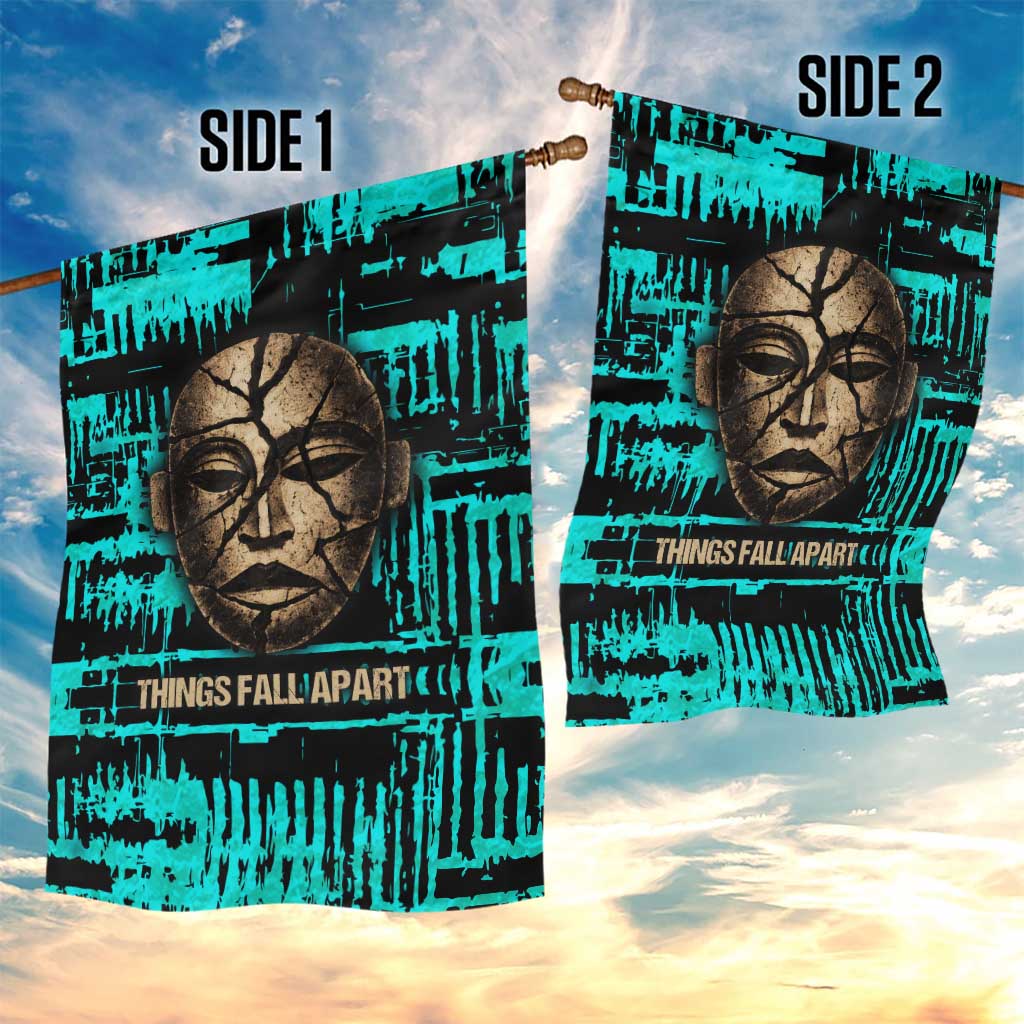 Chinua Achebe Garden Flag with Tribal Mask Design, Things Fall Apart Quote and Teal Abstract - Wonder Print Shop