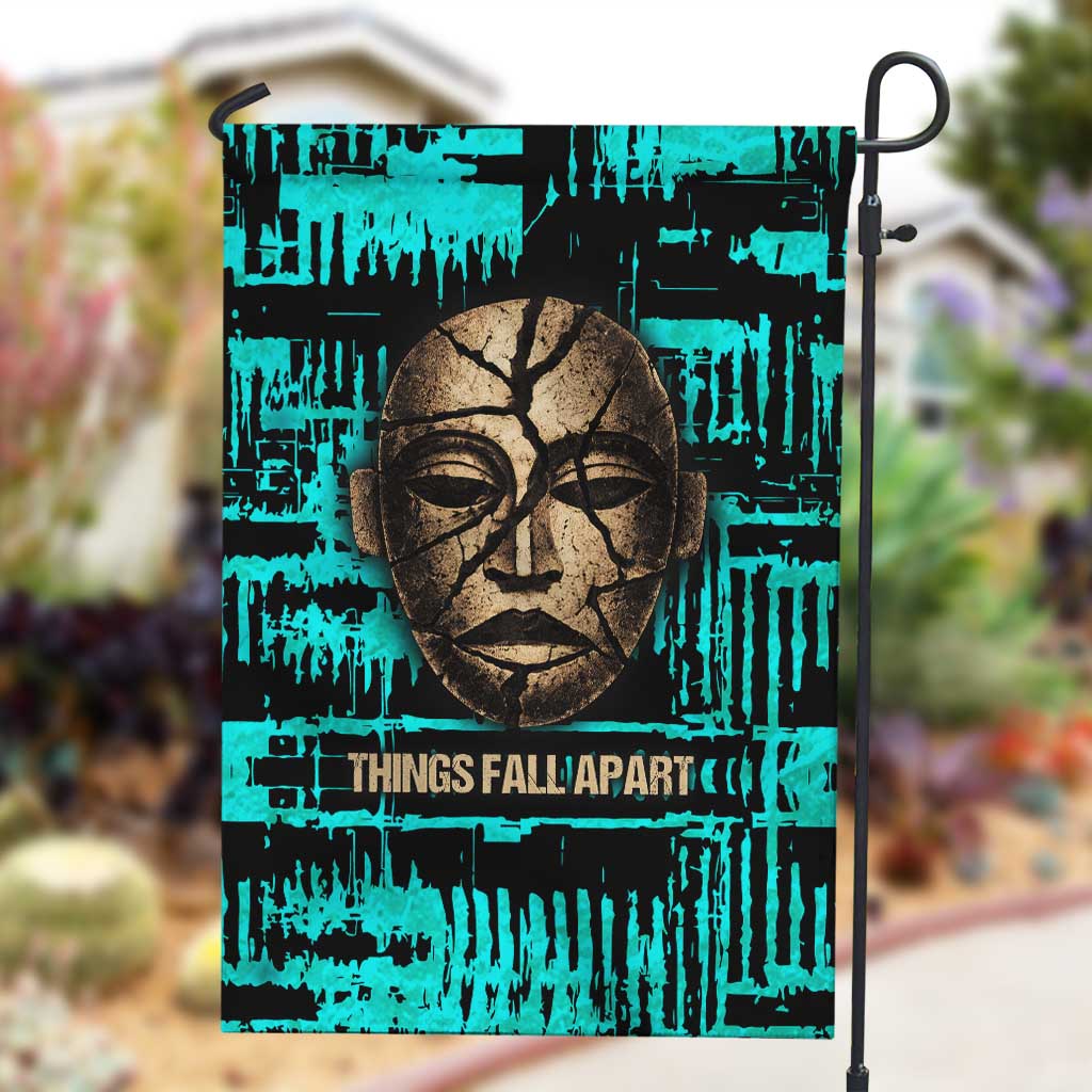 Chinua Achebe Garden Flag with Tribal Mask Design, Things Fall Apart Quote and Teal Abstract - Wonder Print Shop