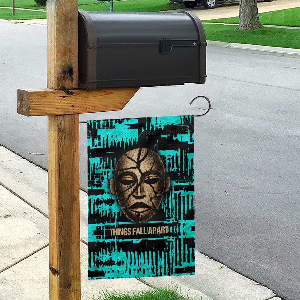 Chinua Achebe Garden Flag with Tribal Mask Design, Things Fall Apart Quote and Teal Abstract - Wonder Print Shop