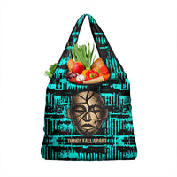 Chinua Achebe Grocery Bag with Tribal Mask Design, Things Fall Apart Quote and Teal Abstract - Wonder Print Shop