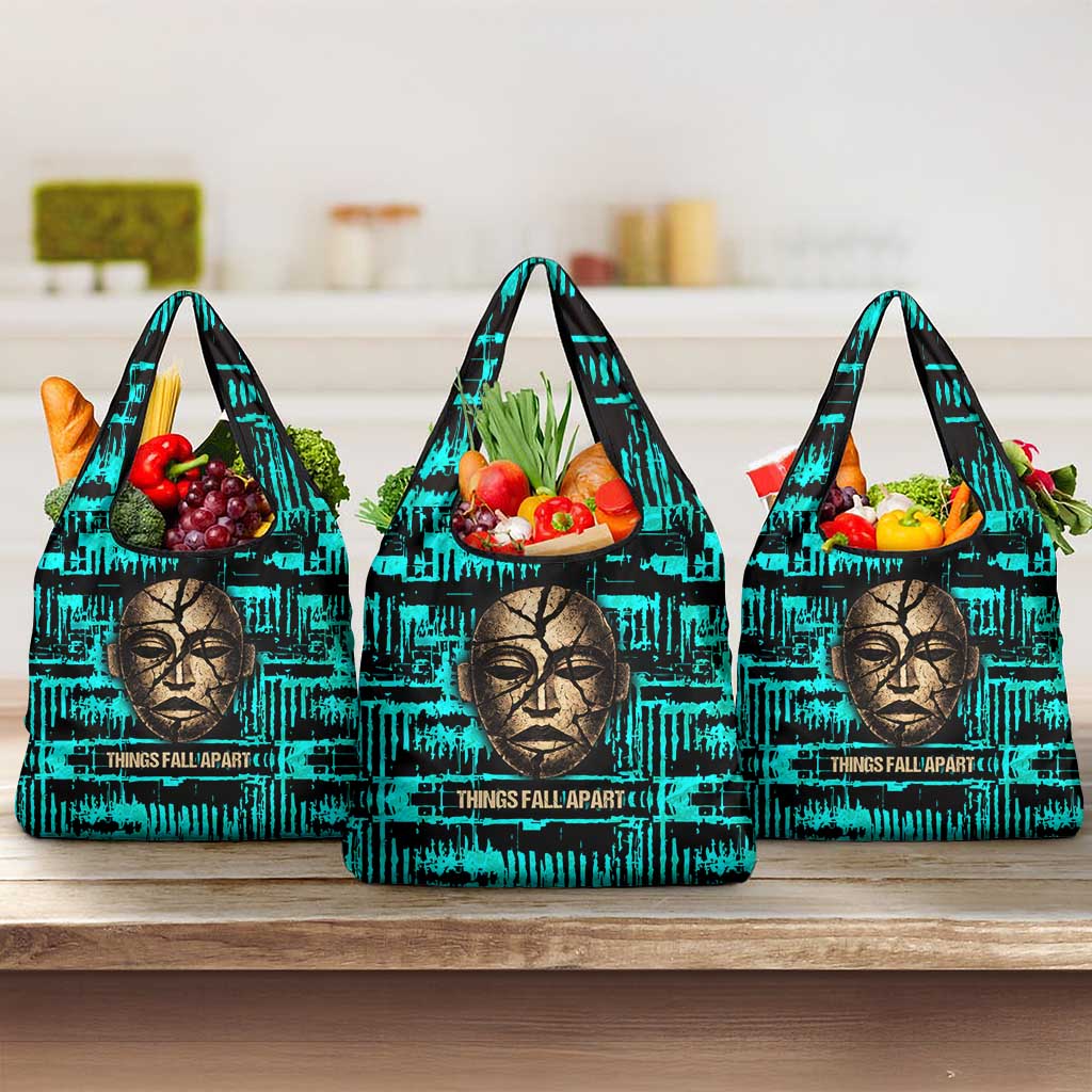 Chinua Achebe Grocery Bag with Tribal Mask Design, Things Fall Apart Quote and Teal Abstract - Wonder Print Shop