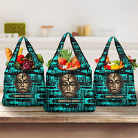 Chinua Achebe Grocery Bag with Tribal Mask Design, Things Fall Apart Quote and Teal Abstract - Wonder Print Shop