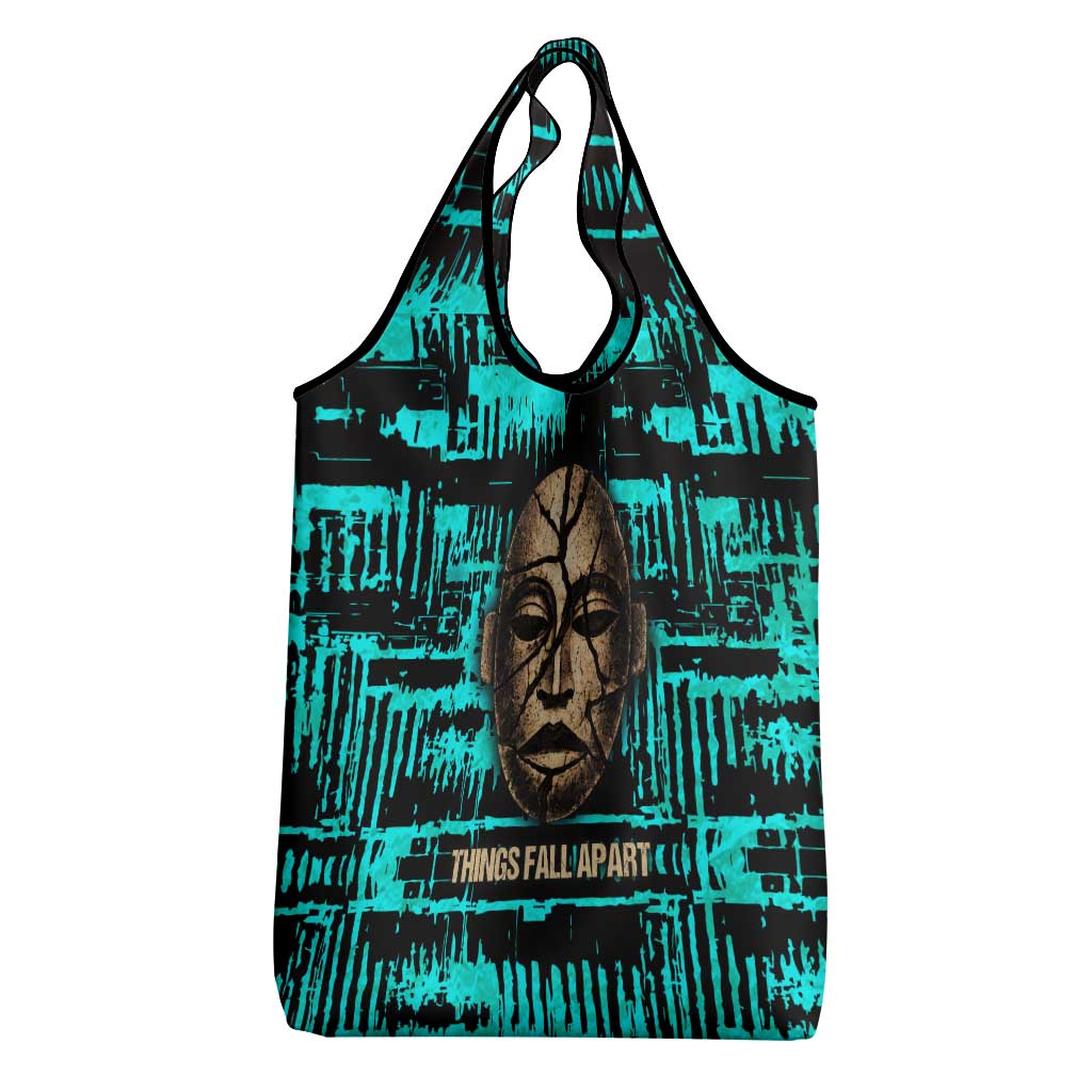 Chinua Achebe Grocery Bag with Tribal Mask Design, Things Fall Apart Quote and Teal Abstract - Wonder Print Shop