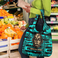 Chinua Achebe Grocery Bag with Tribal Mask Design, Things Fall Apart Quote and Teal Abstract - Wonder Print Shop