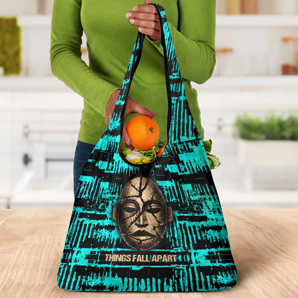 Chinua Achebe Grocery Bag with Tribal Mask Design, Things Fall Apart Quote and Teal Abstract - Wonder Print Shop