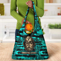 Chinua Achebe Grocery Bag with Tribal Mask Design, Things Fall Apart Quote and Teal Abstract - Wonder Print Shop