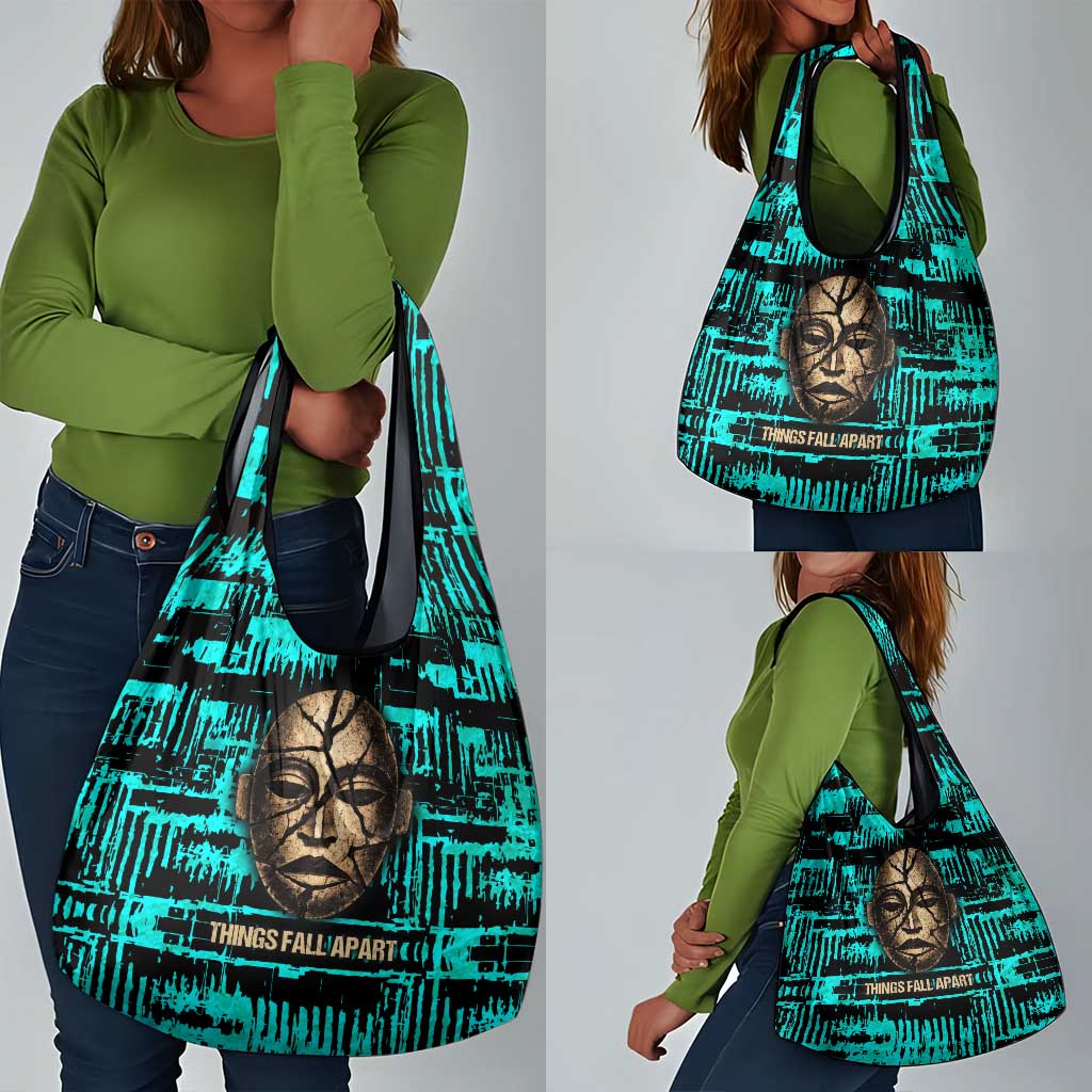 Chinua Achebe Grocery Bag with Tribal Mask Design, Things Fall Apart Quote and Teal Abstract - Wonder Print Shop