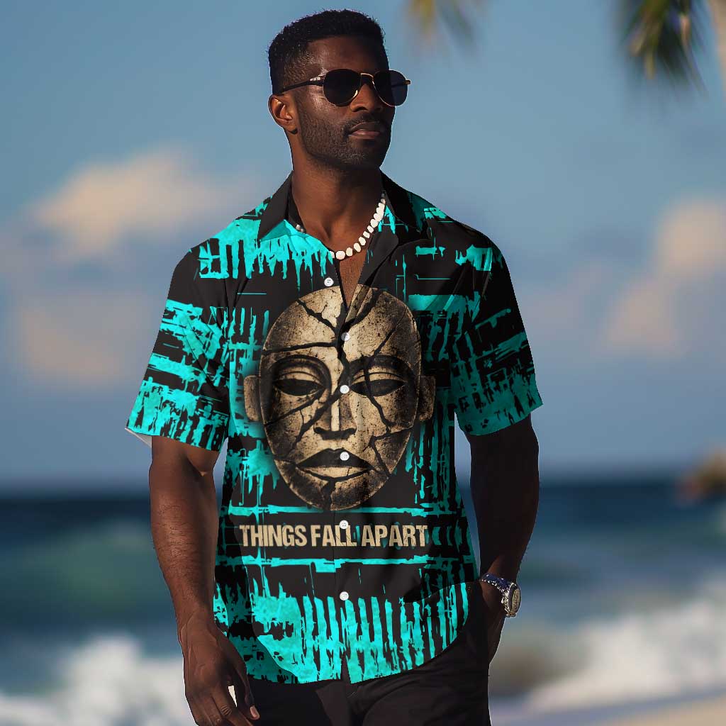 Chinua Achebe Hawaiian Shirt with Tribal Mask Design, Things Fall Apart Quote and Teal Abstract - Wonder Print Shop