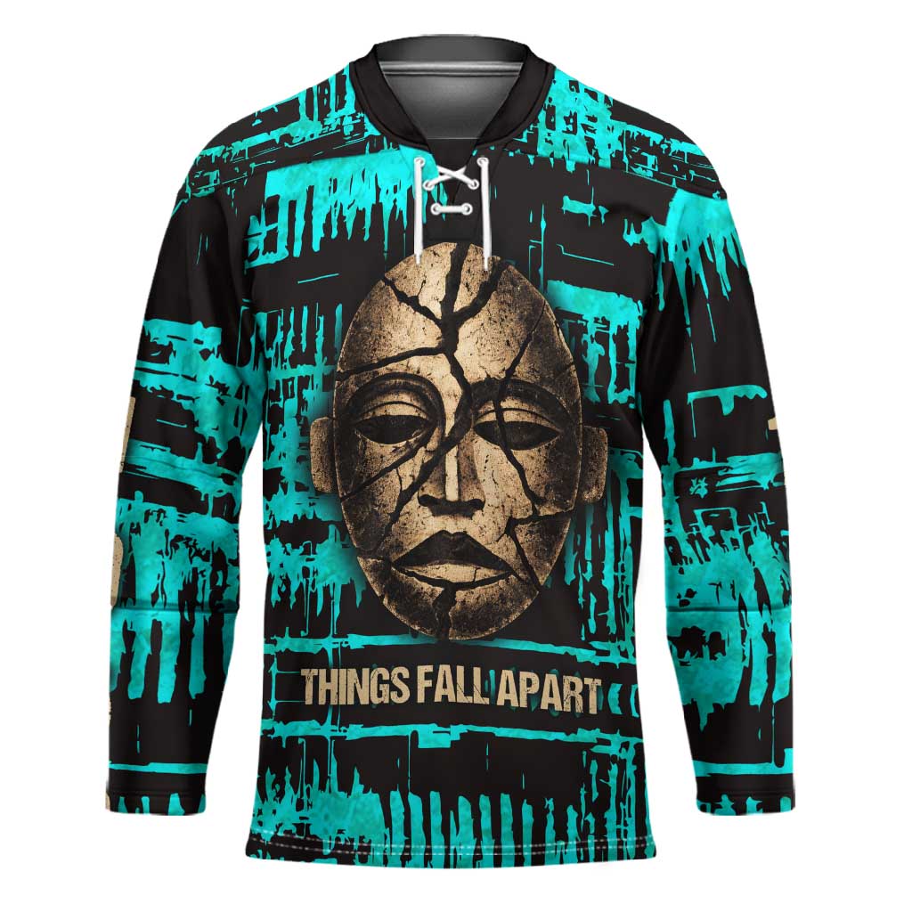 Chinua Achebe Hockey Jersey with Tribal Mask Design, Things Fall Apart Quote and Teal Abstract - Wonder Print Shop