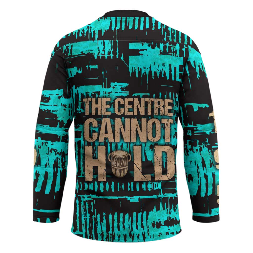 Chinua Achebe Hockey Jersey with Tribal Mask Design, Things Fall Apart Quote and Teal Abstract - Wonder Print Shop