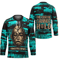 Chinua Achebe Hockey Jersey with Tribal Mask Design, Things Fall Apart Quote and Teal Abstract - Wonder Print Shop