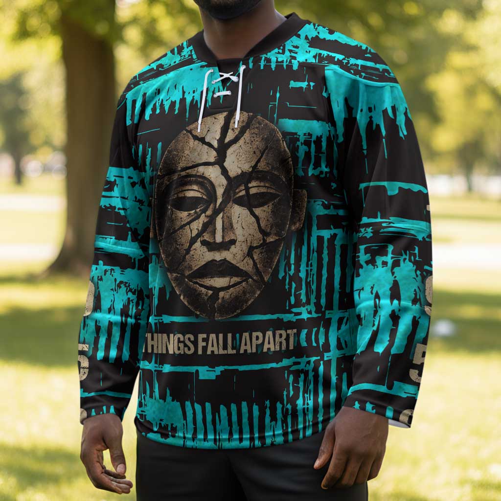 Chinua Achebe Hockey Jersey with Tribal Mask Design, Things Fall Apart Quote and Teal Abstract - Wonder Print Shop