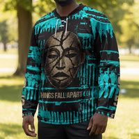 Chinua Achebe Hockey Jersey with Tribal Mask Design, Things Fall Apart Quote and Teal Abstract - Wonder Print Shop