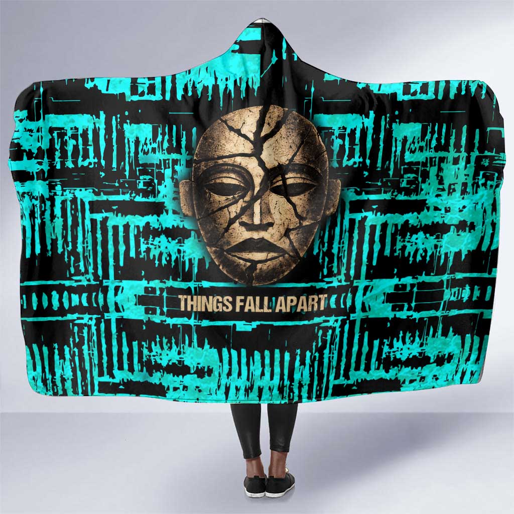 Chinua Achebe Hooded Blanket with Tribal Mask Design, Things Fall Apart Quote and Teal Abstract - Wonder Print Shop