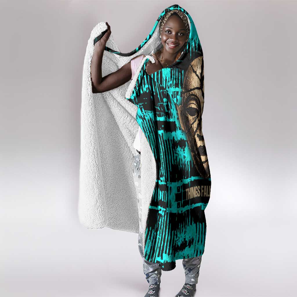 Chinua Achebe Hooded Blanket with Tribal Mask Design, Things Fall Apart Quote and Teal Abstract - Wonder Print Shop