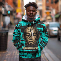 Chinua Achebe Hoodie with Tribal Mask Design, Things Fall Apart Quote and Teal Abstract - Wonder Print Shop