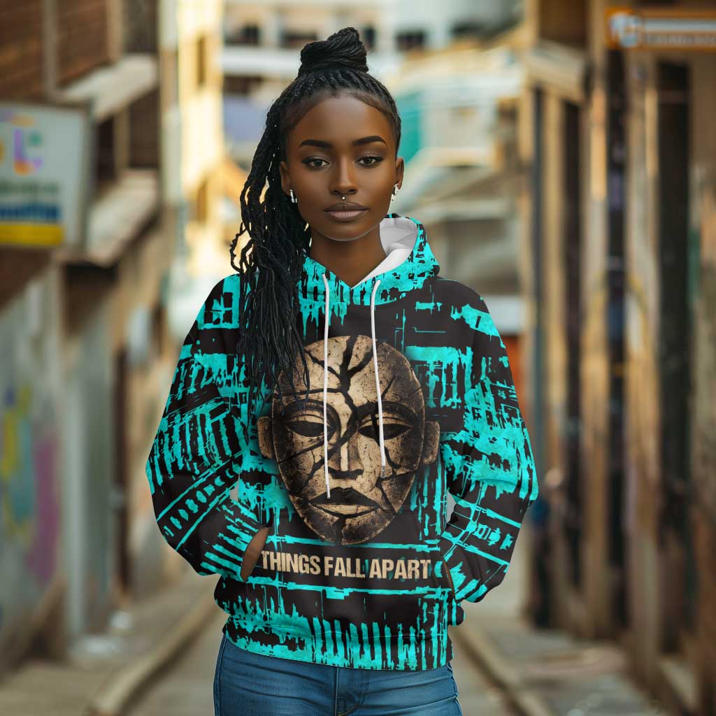 Chinua Achebe Hoodie with Tribal Mask Design, Things Fall Apart Quote and Teal Abstract - Wonder Print Shop
