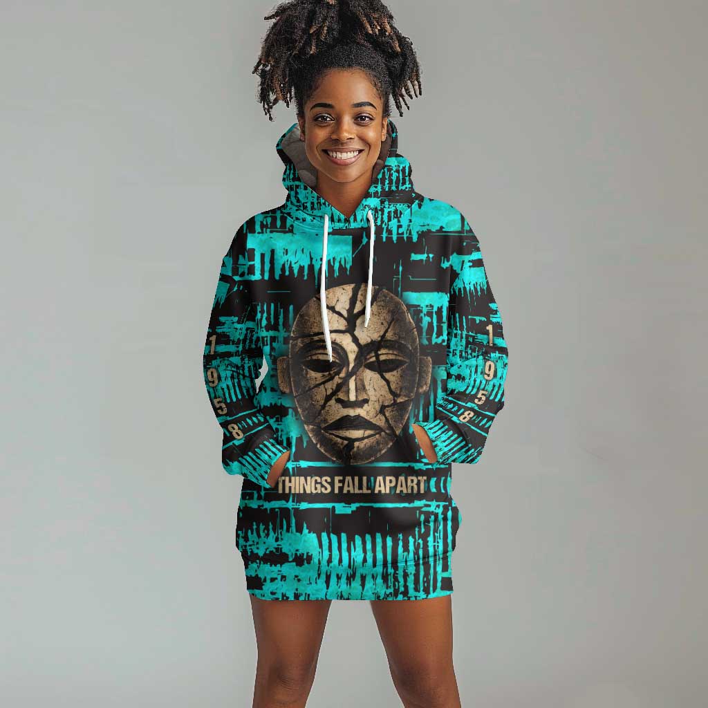 Chinua Achebe Hoodie Dress with Tribal Mask Design, Things Fall Apart Quote and Teal Abstract - Wonder Print Shop