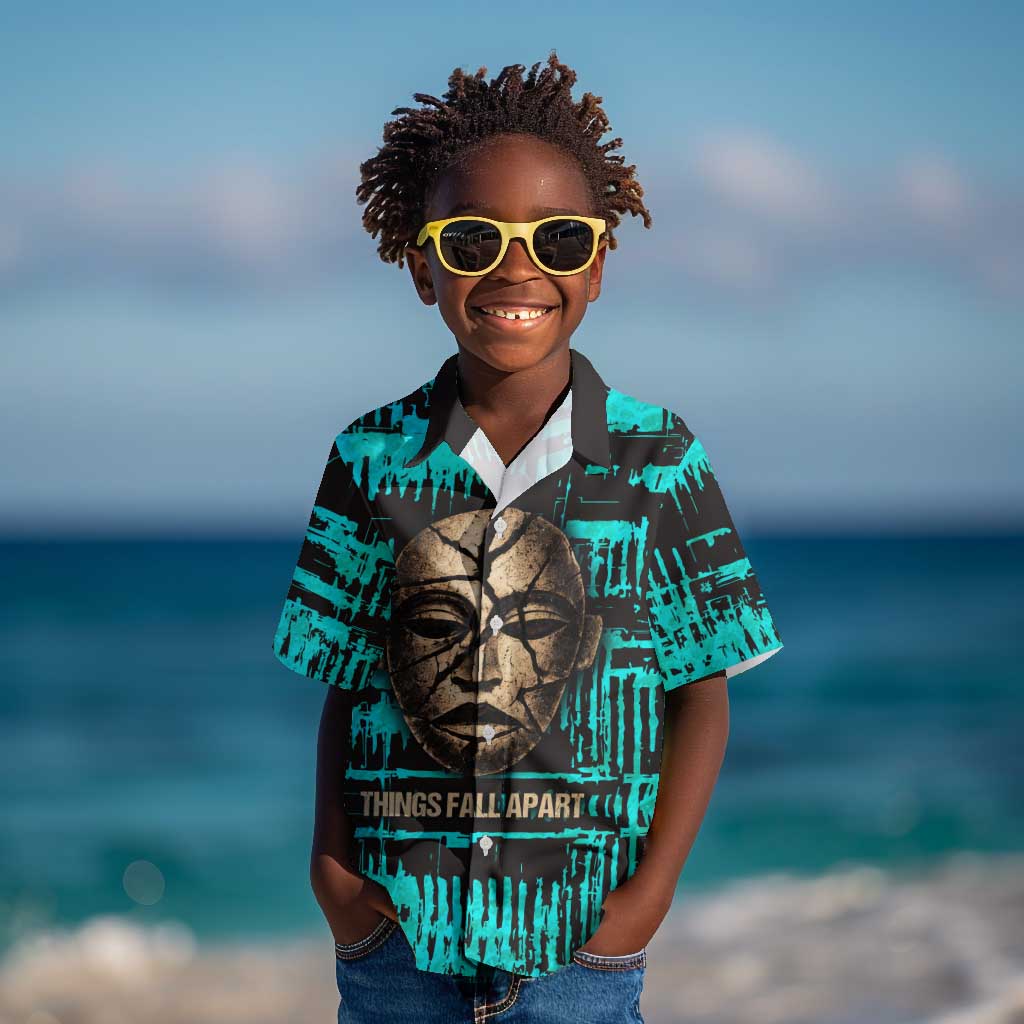Chinua Achebe Kid Hawaiian Shirt with Tribal Mask Design, Things Fall Apart Quote and Teal Abstract - Wonder Print Shop