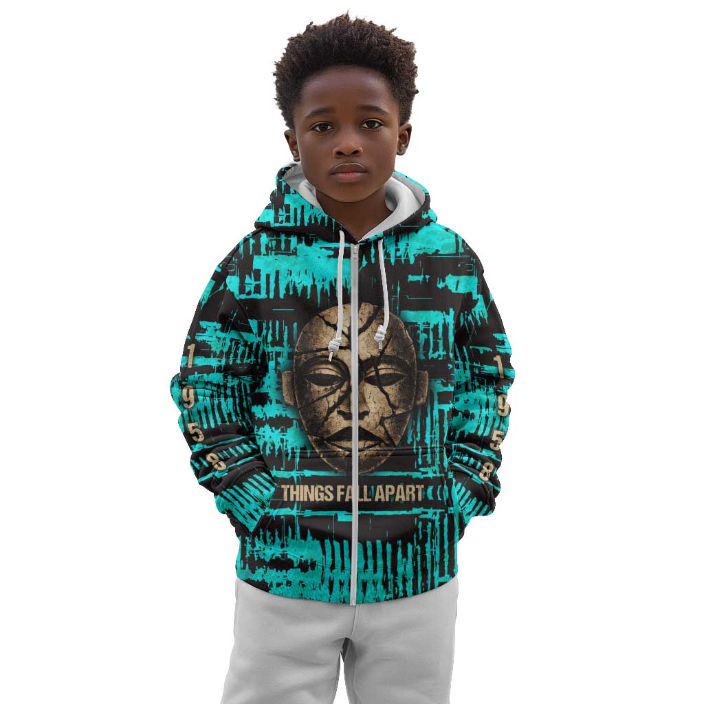 Chinua Achebe Kid Hoodie with Tribal Mask Design, Things Fall Apart Quote and Teal Abstract - Wonder Print Shop