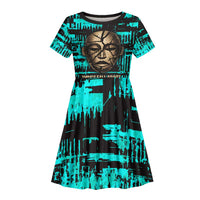 Chinua Achebe Kid Short Sleeve Dress with Tribal Mask Design, Things Fall Apart Quote and Teal Abstract - Wonder Print Shop