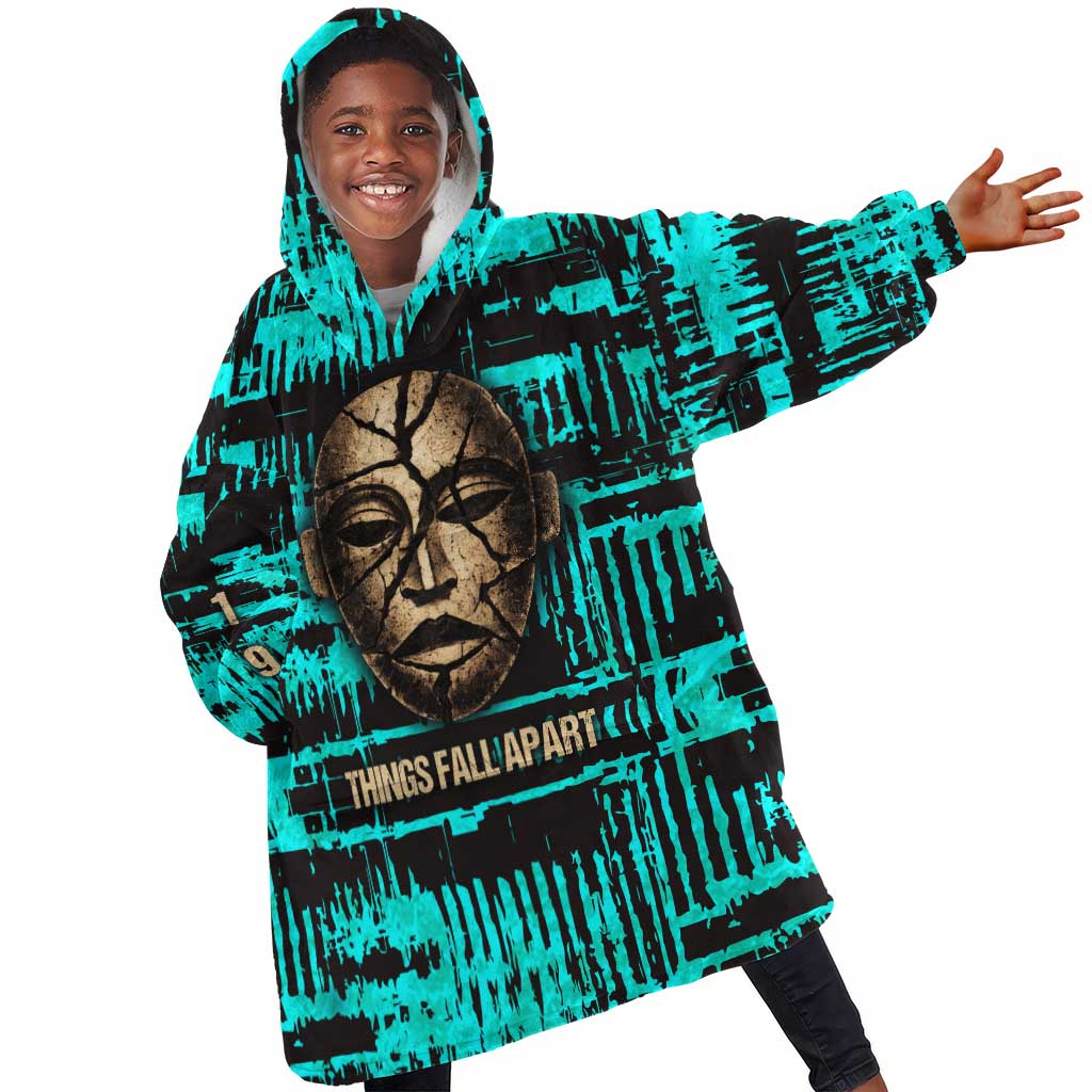 Chinua Achebe Kid Wearable Blanket Hoodie with Tribal Mask Design, Things Fall Apart Quote and Teal Abstract - Wonder Print Shop