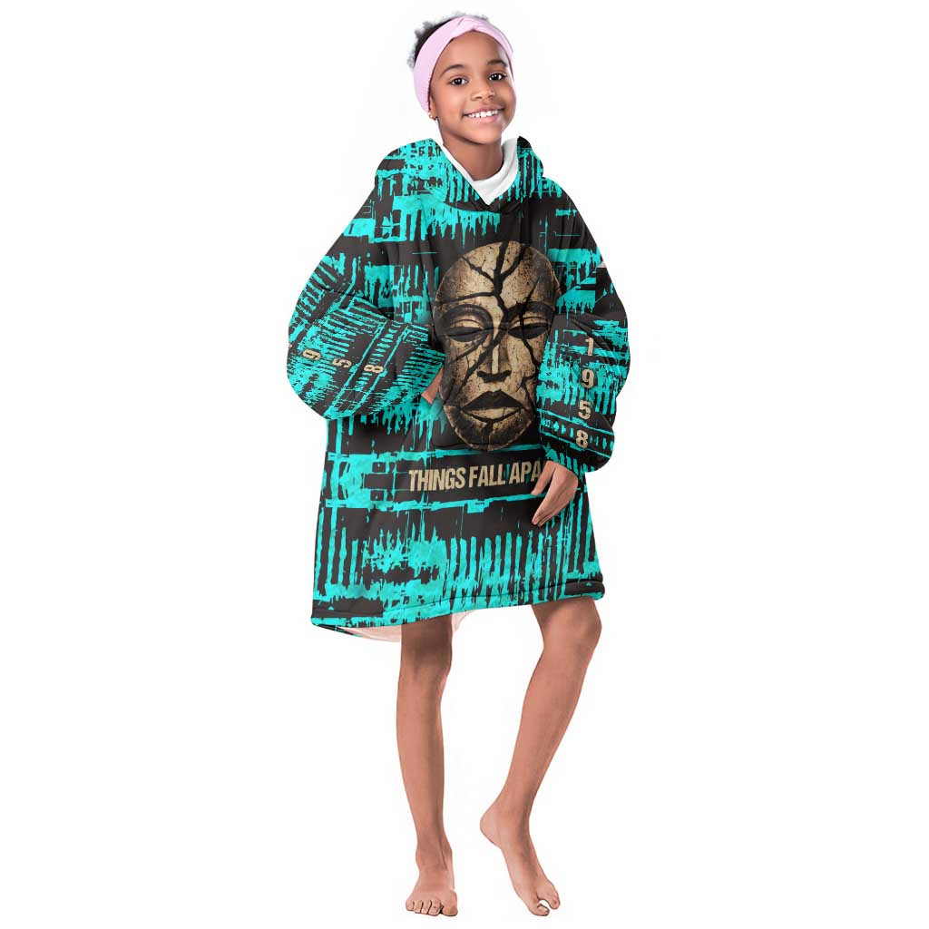 Chinua Achebe Kid Wearable Blanket Hoodie with Tribal Mask Design, Things Fall Apart Quote and Teal Abstract - Wonder Print Shop