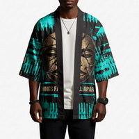 Chinua Achebe Kimono with Tribal Mask Design, Things Fall Apart Quote and Teal Abstract - Wonder Print Shop