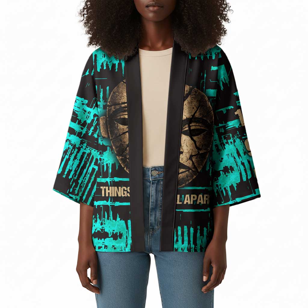 Chinua Achebe Kimono with Tribal Mask Design, Things Fall Apart Quote and Teal Abstract - Wonder Print Shop