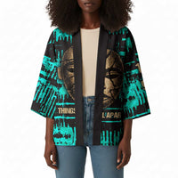 Chinua Achebe Kimono with Tribal Mask Design, Things Fall Apart Quote and Teal Abstract - Wonder Print Shop