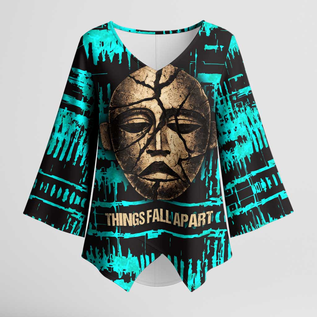 Chinua Achebe Kimono Sleeve Blouse with Tribal Mask Design, Things Fall Apart Quote and Teal Abstract - Wonder Print Shop