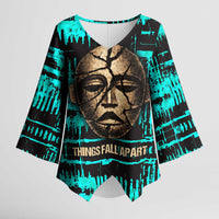 Chinua Achebe Kimono Sleeve Blouse with Tribal Mask Design, Things Fall Apart Quote and Teal Abstract - Wonder Print Shop