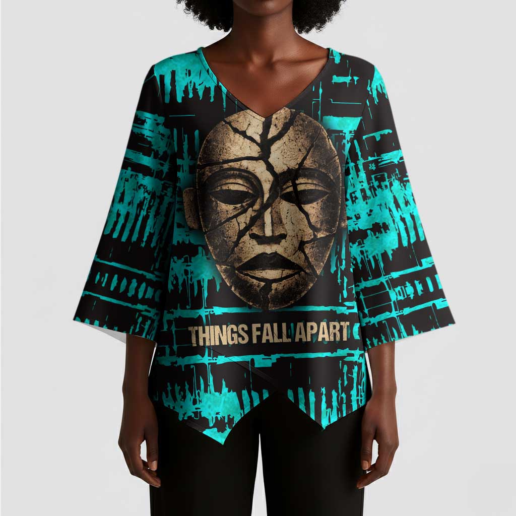 Chinua Achebe Kimono Sleeve Blouse with Tribal Mask Design, Things Fall Apart Quote and Teal Abstract - Wonder Print Shop