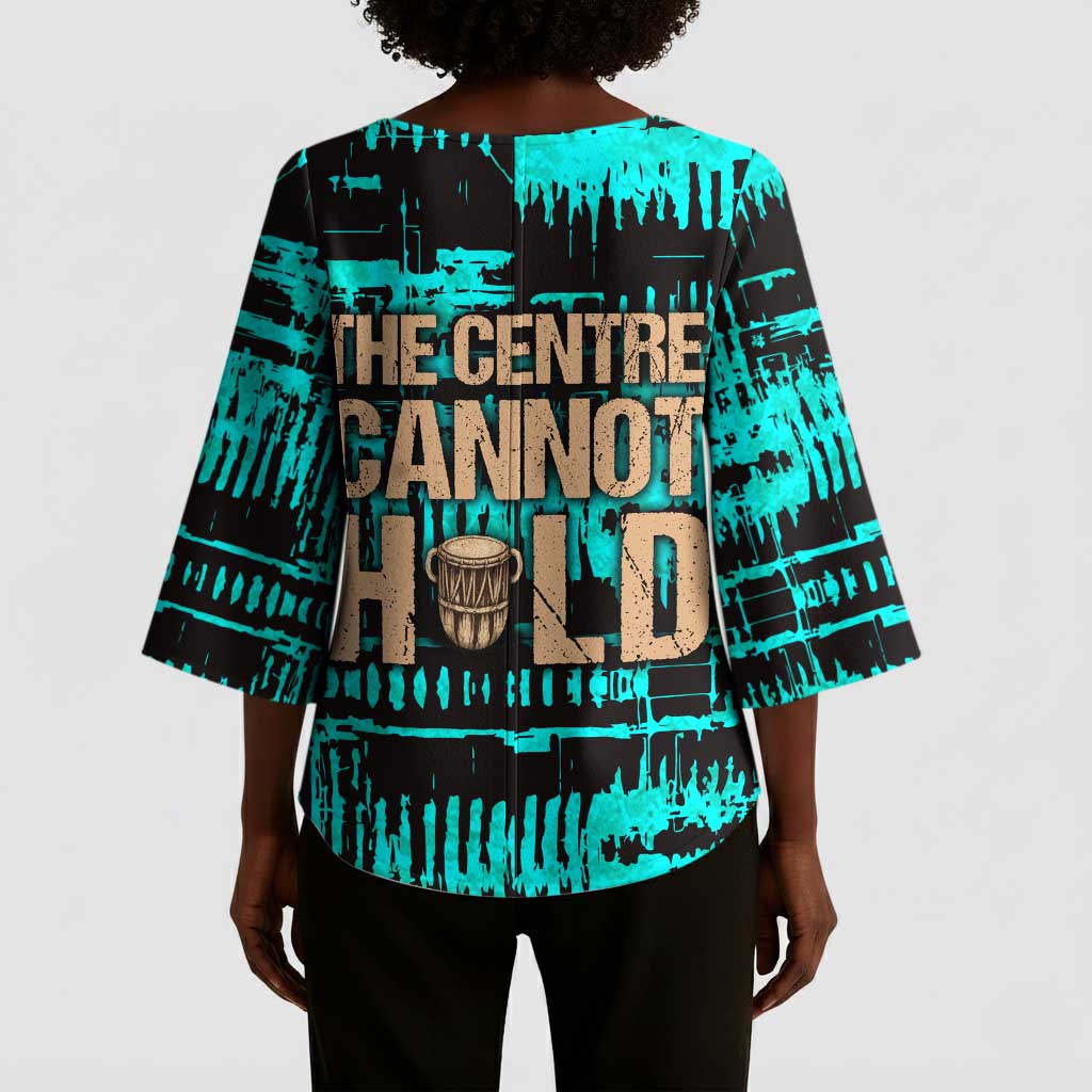 Chinua Achebe Kimono Sleeve Blouse with Tribal Mask Design, Things Fall Apart Quote and Teal Abstract - Wonder Print Shop