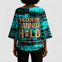 Chinua Achebe Kimono Sleeve Blouse with Tribal Mask Design, Things Fall Apart Quote and Teal Abstract - Wonder Print Shop