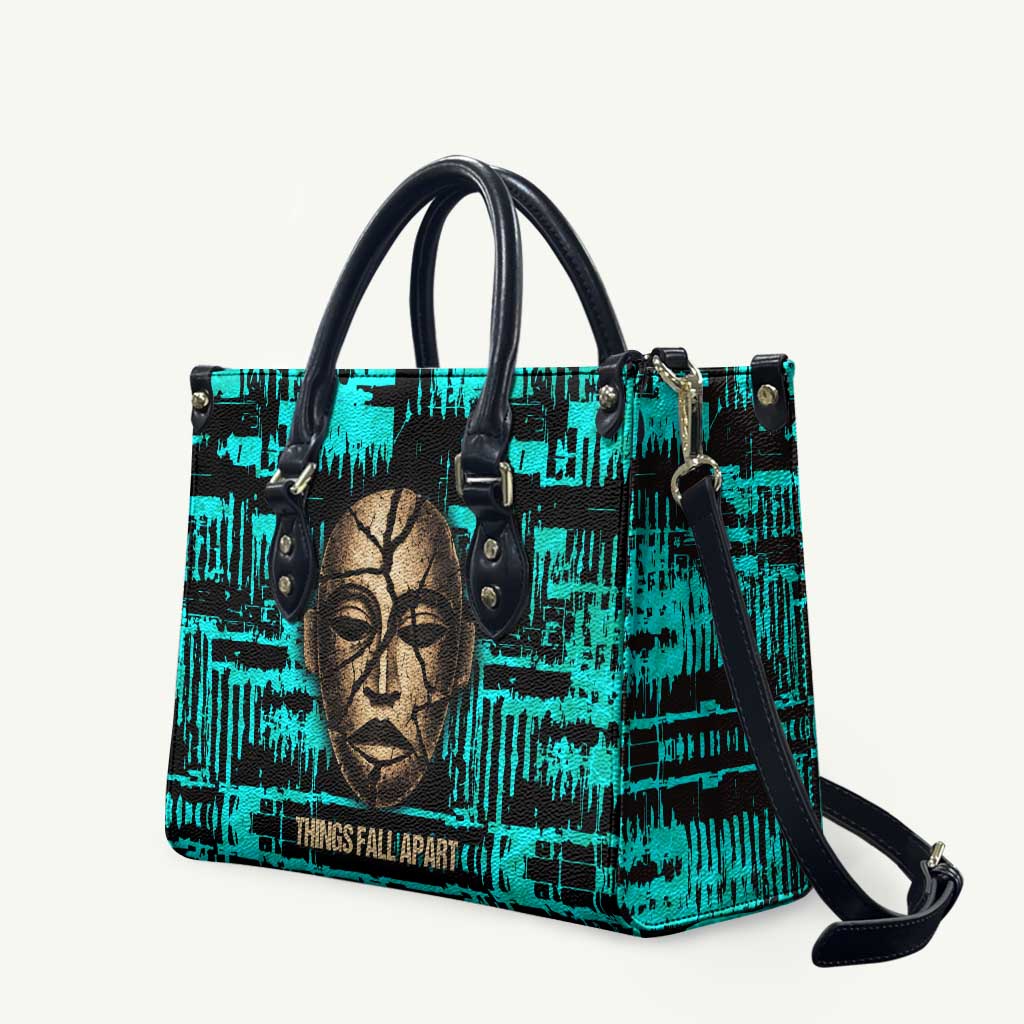Chinua Achebe Leather Bag with Tribal Mask Design, Things Fall Apart Quote and Teal Abstract - Wonder Print Shop