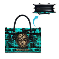 Chinua Achebe Leather Bag with Tribal Mask Design, Things Fall Apart Quote and Teal Abstract - Wonder Print Shop