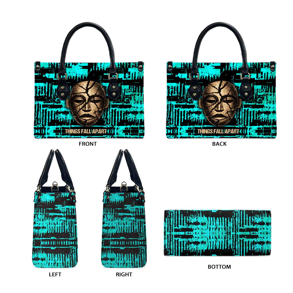 Chinua Achebe Leather Bag with Tribal Mask Design, Things Fall Apart Quote and Teal Abstract - Wonder Print Shop
