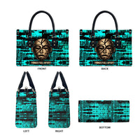Chinua Achebe Leather Bag with Tribal Mask Design, Things Fall Apart Quote and Teal Abstract - Wonder Print Shop