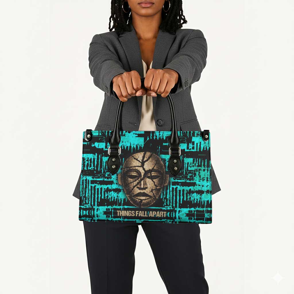 Chinua Achebe Leather Bag with Tribal Mask Design, Things Fall Apart Quote and Teal Abstract - Wonder Print Shop