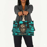 Chinua Achebe Leather Bag with Tribal Mask Design, Things Fall Apart Quote and Teal Abstract - Wonder Print Shop