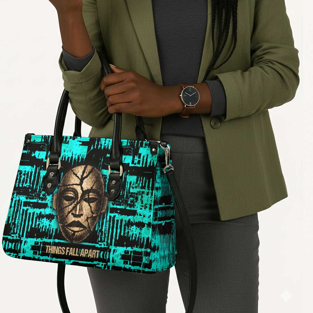 Chinua Achebe Leather Bag with Tribal Mask Design, Things Fall Apart Quote and Teal Abstract - Wonder Print Shop