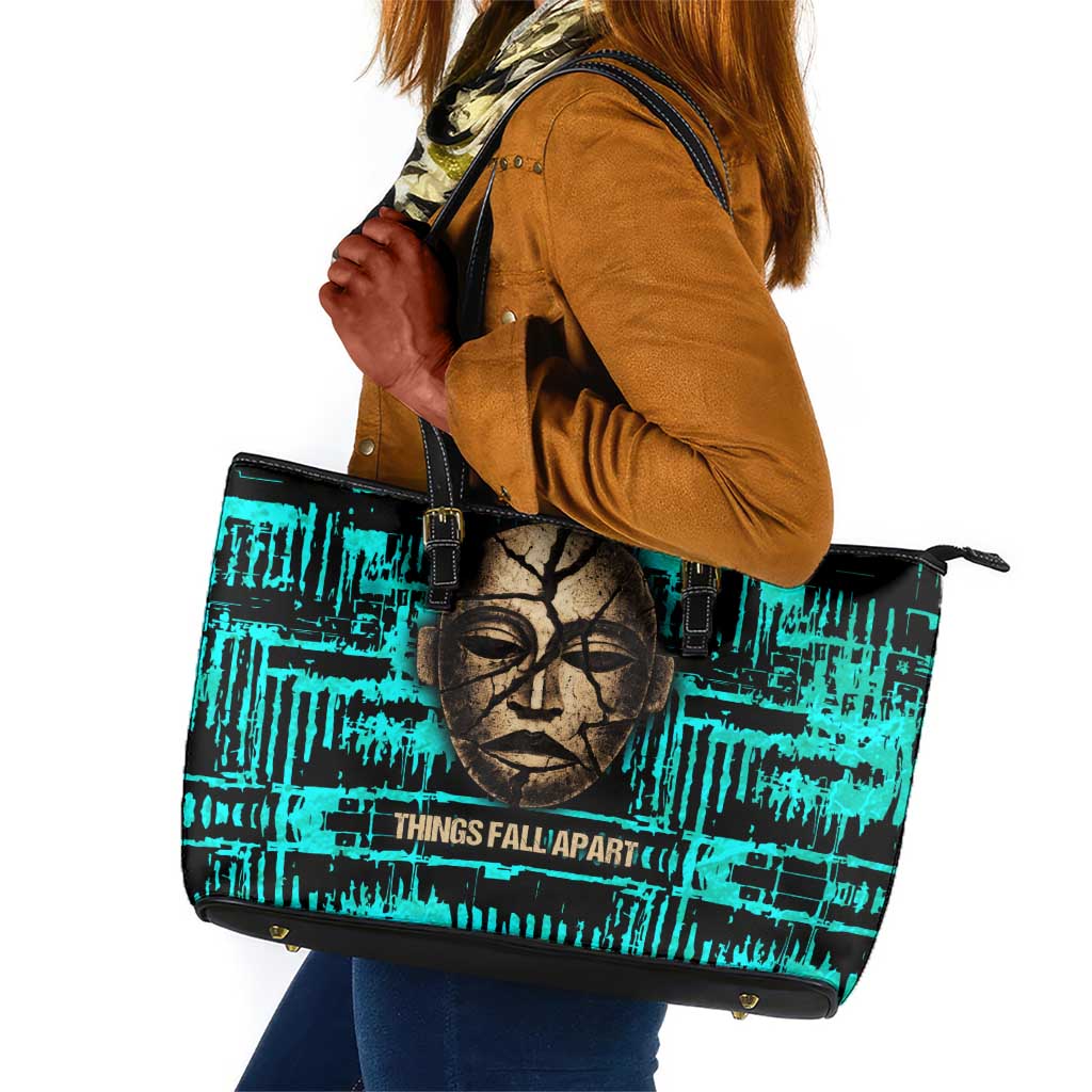 Chinua Achebe Leather Tote Bag with Tribal Mask Design, Things Fall Apart Quote and Teal Abstract - Wonder Print Shop