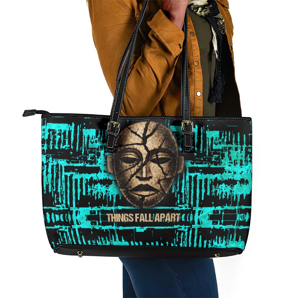 Chinua Achebe Leather Tote Bag with Tribal Mask Design, Things Fall Apart Quote and Teal Abstract - Wonder Print Shop