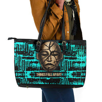 Chinua Achebe Leather Tote Bag with Tribal Mask Design, Things Fall Apart Quote and Teal Abstract - Wonder Print Shop
